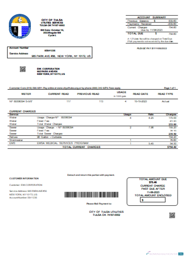 Download City of Tulsa utility business bill, SCR Photoshop template